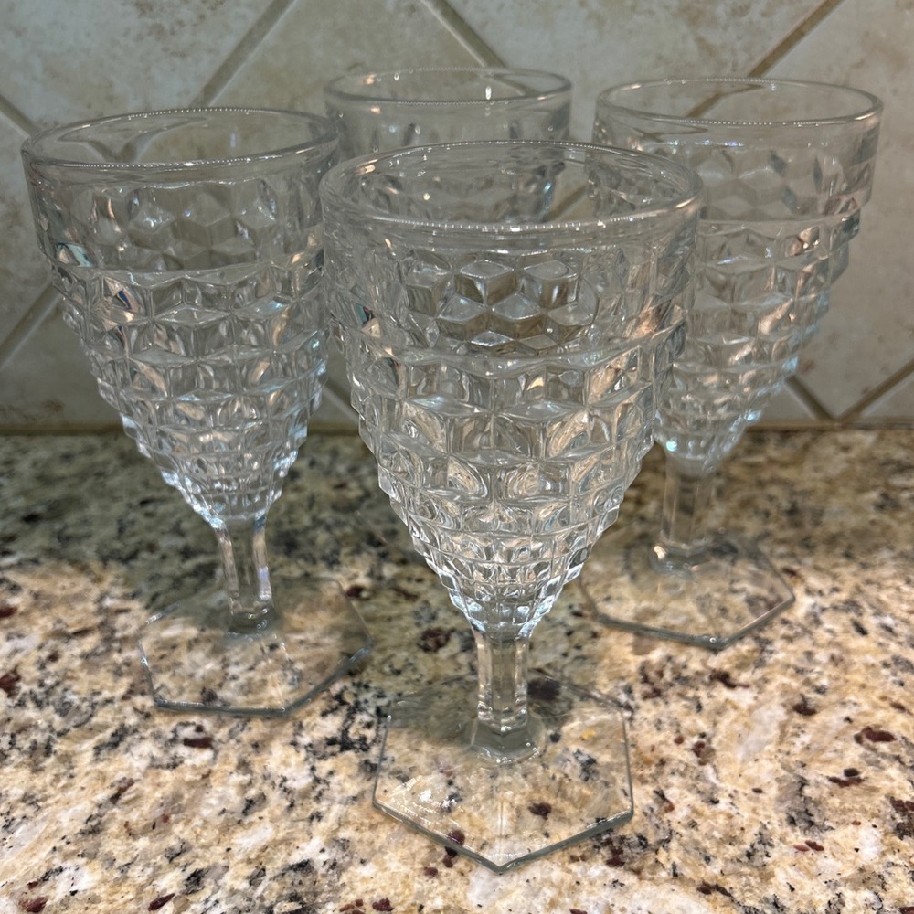 American Fostoria Cubist Hex Footed Water Goblet Glass Crystal Clear 6-7/8 T (4)